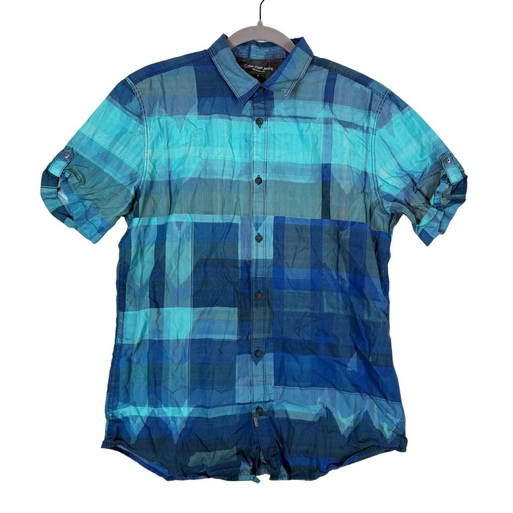 Calvin Klein Jeans Shirt Mens Medium Blue Plaid Short Sleeve Button Up Casual